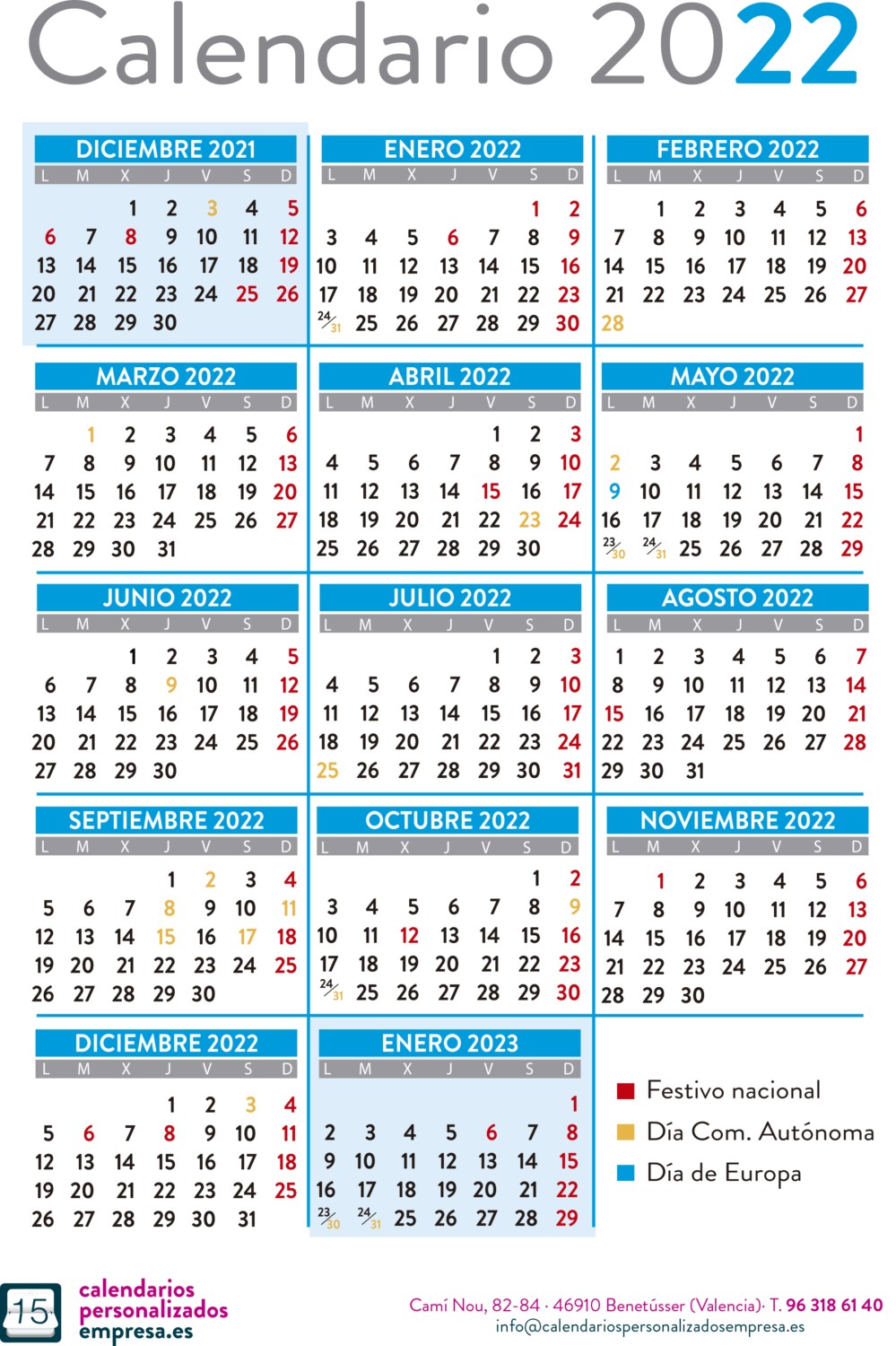 Calendario 2022 Anual Con Días Festivos De España
