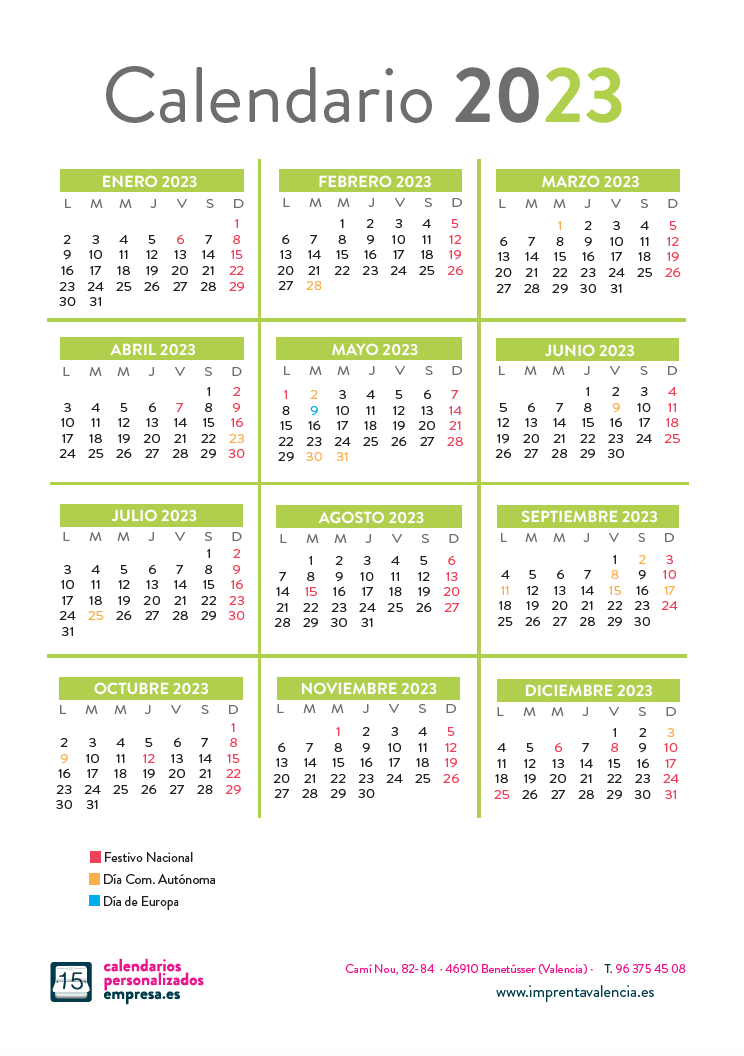 Calendario 2023 Anual Con Festivos Nacionales