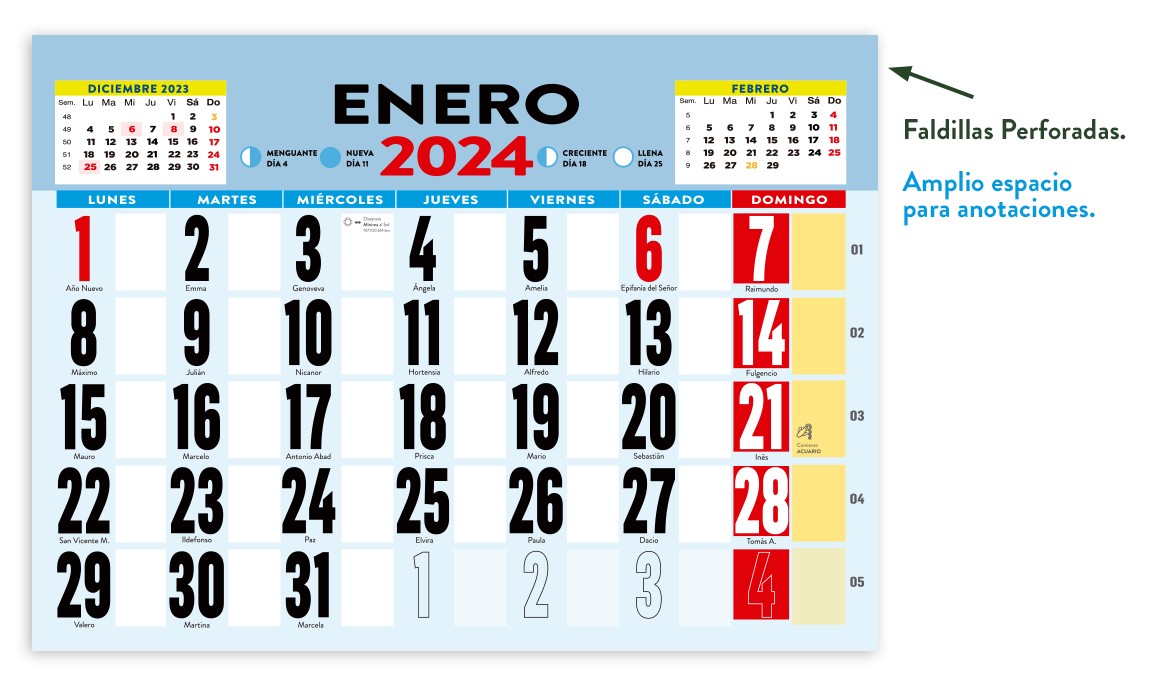 Faldilla común calendario pared varilla 435