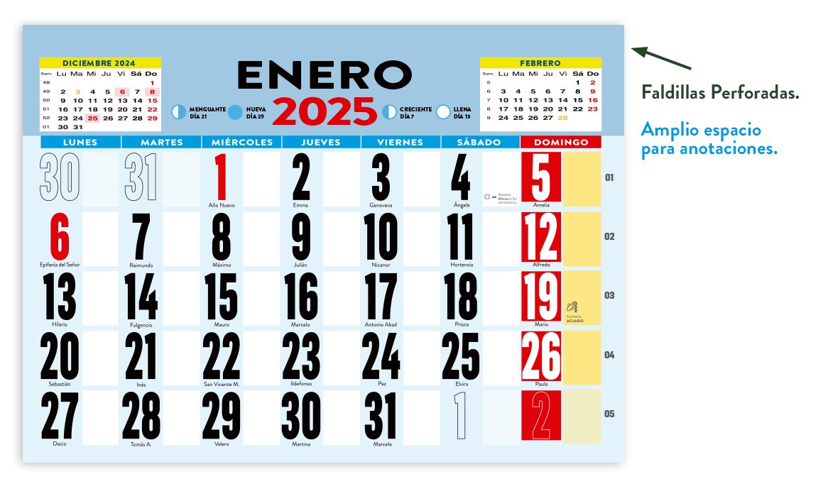 Faldilla común calendario pared varilla 335