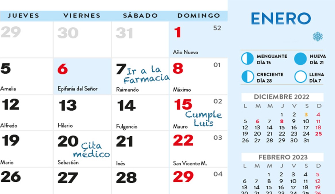 Calendario sobremesa Festivos Nacionales